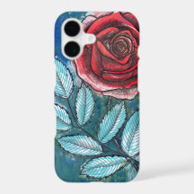 Whimsical Expressionist Red Rose Teal Leaves iPhon