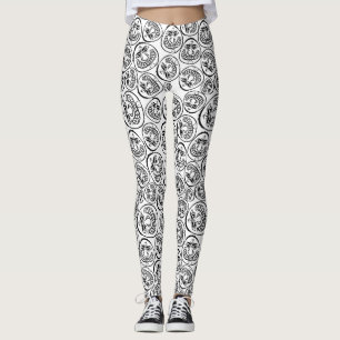 Whimsical Faces: Playful Black and White Cartoon Leggings