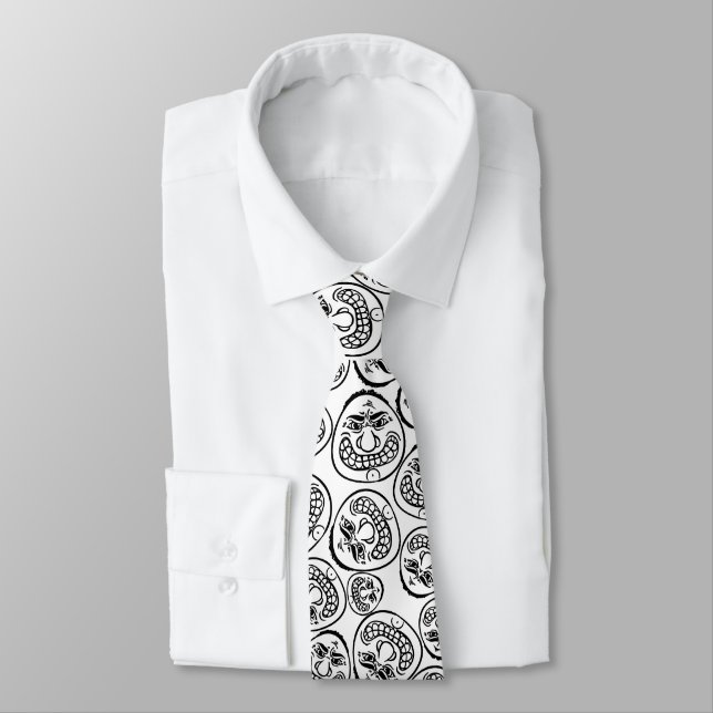 Whimsical Faces: Playful Black and White Cartoon Tie (Tied)