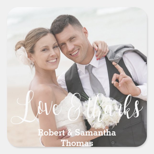 Whimsical Faded Photo Calligraphy Wedding Square Sticker (Front)