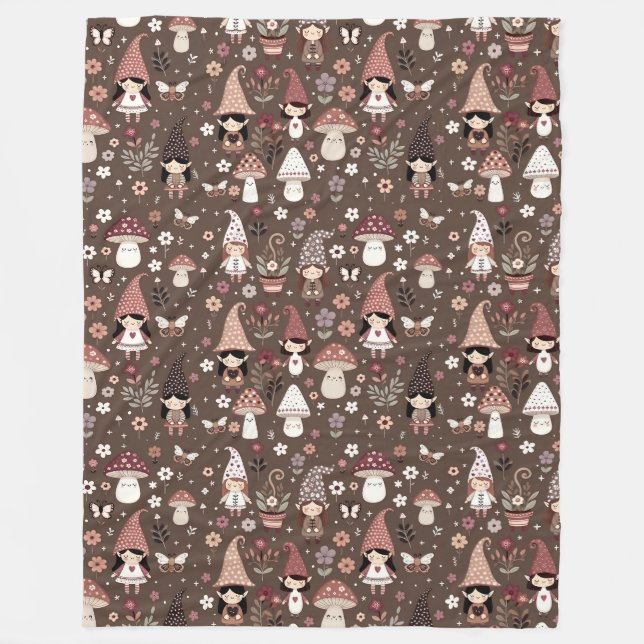 Whimsical Fair Gnomes and Mushrooms Personalized Fleece Blanket (Front)