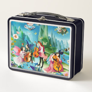 Whimsical  Fairies Playing Cellos Metal Lunch Box