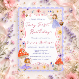 Whimsical Fairy 1st Floral Girls Birthday Invitation