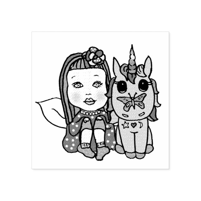 Whimsical Fairy and Unicorn with Butterfly on Nose Rubber Stamp (Imprint)