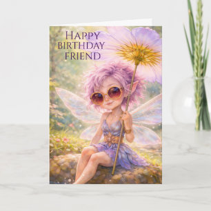 Whimsical Fairy Dandelion–FRIEND Happy Birthday  Card
