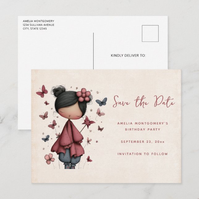 Whimsical Fairy Doll Retro Cute Announcement Postcard (Front/Back)