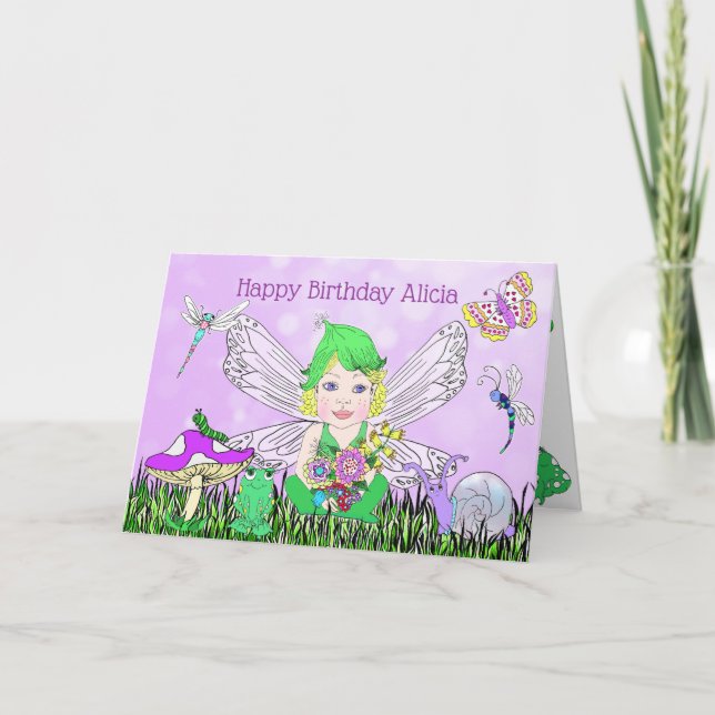 Whimsical Fairy Elf on Magic Mushroom Birthday Card (Front)