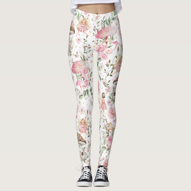 Whimsical Fairy Enchanted Forest Pink Floral Leggings (Front)