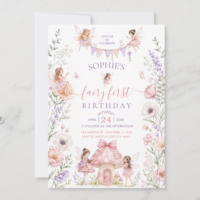 Whimsical Fairy First Birthday Enchanted forest Invitation (Front)