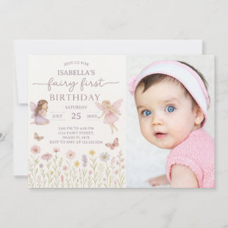 Whimsical Fairy First Birthday Invite with photo