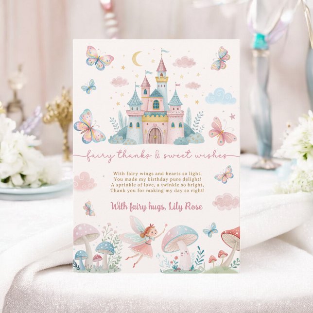 Whimsical Fairy First Birthday Pink Castle Kids Thank You Card (Whimsical Fairy First Birthday Pink Castle Kids Thank You Card)