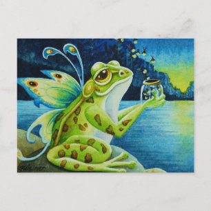 Whimsical Fairy Frog & Fireflies Watercolor Art Postcard