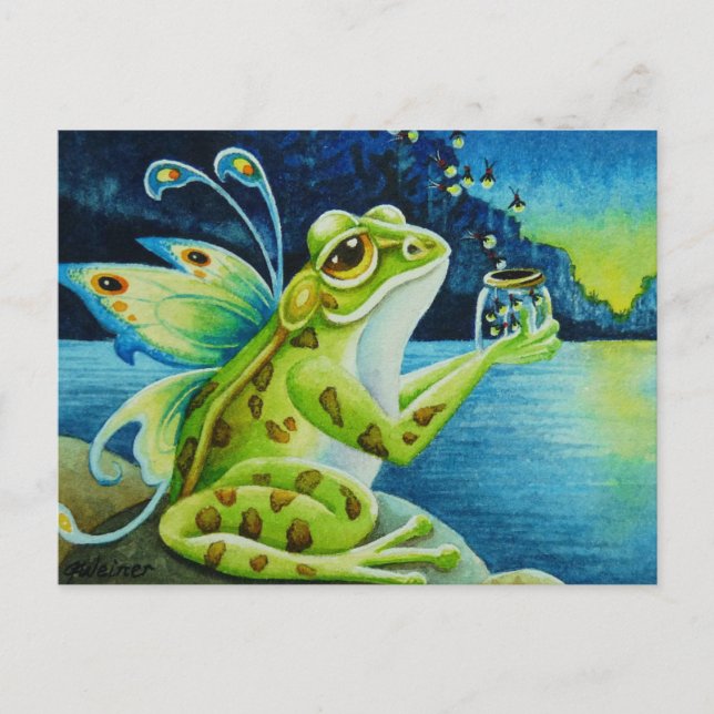 Whimsical Fairy Frog & Fireflies Watercolor Art  Postcard (Front)