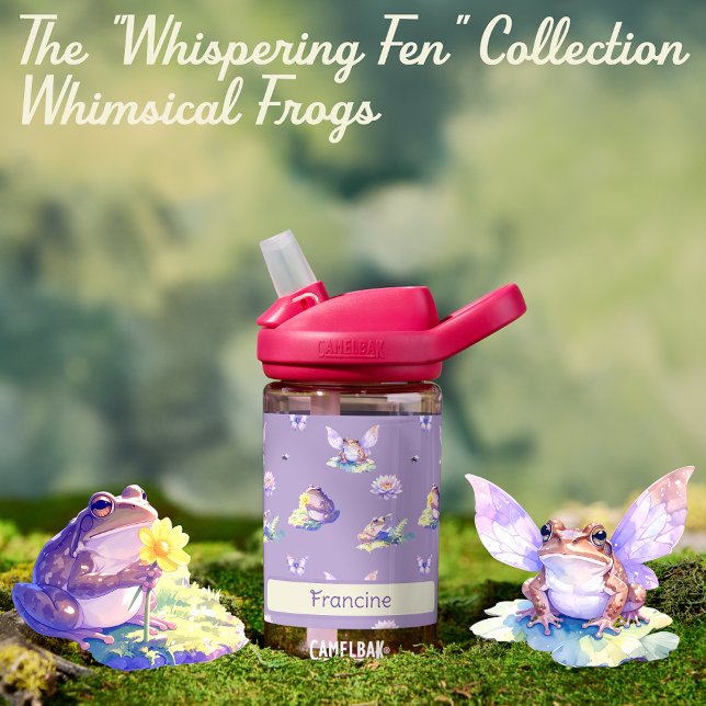 Whimsical Fairy Frog & Water Lily Kids Name Water Bottle (watercolor whimsical frogs back to school personalized kids water bottle fairies flowers fantasy)