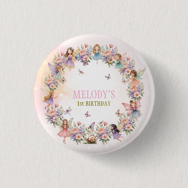 Whimsical fairy garden 1st birthday  3 cm round badge (Front)