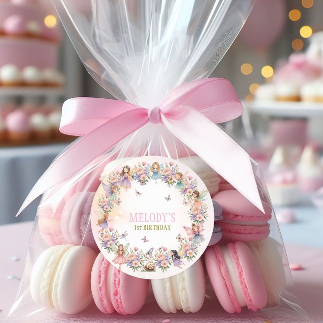 Whimsical fairy garden 1st birthday  classic round sticker (Creator Uploaded)