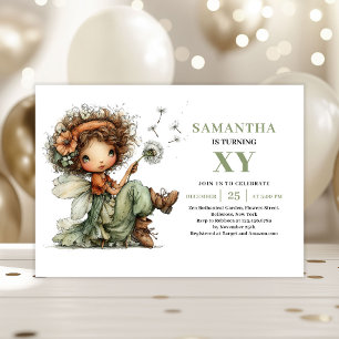 Whimsical Fairy Girl 6th Birthday Dusty Green  Invitation
