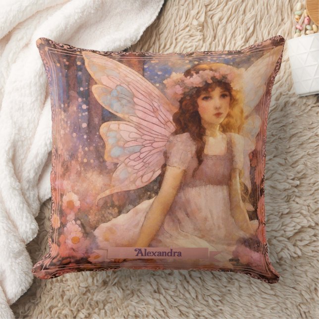 Whimsical Fairy in Dreamy Pink Floral Garden Cushion (Blanket)