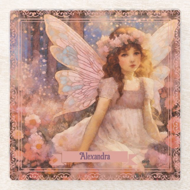 Whimsical Fairy in Dreamy Pink Floral Garden Glass Coaster (Front)