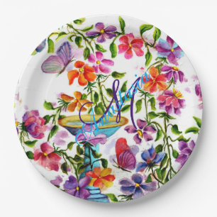 WHIMSICAL FAIRY-LIKE BIRD BATH MONOGRAM PARTY PAPER PLATE