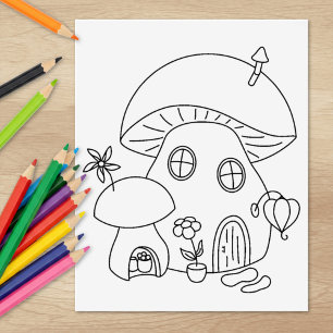 Whimsical Fairy Mushroom Colouring Page Rubber Stamp