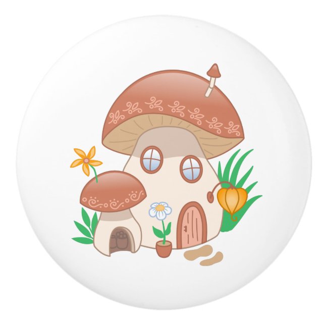Whimsical Fairy Mushroom House Ceramic Knob (Front)