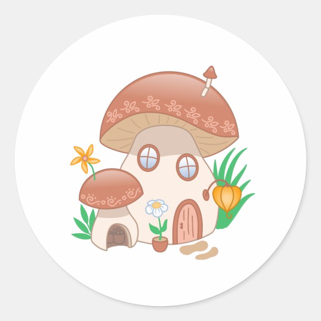 Whimsical Fairy Mushroom House Classic Round Sticker (Front)