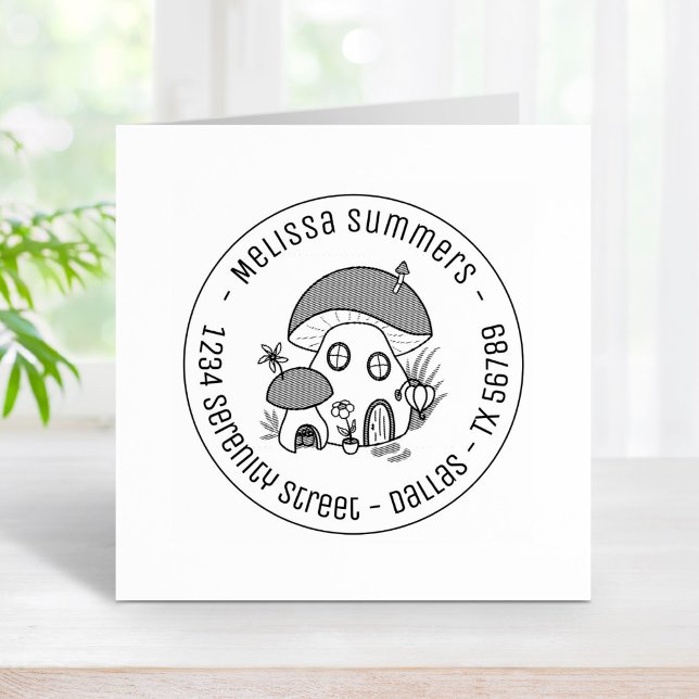 Whimsical Fairy Mushroom House Round Address Rubber Stamp (Creator Uploaded)