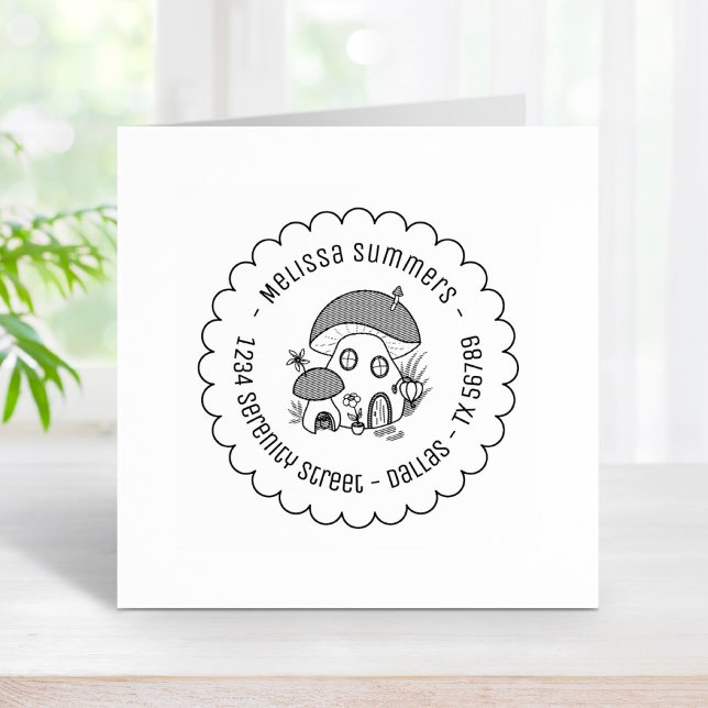 Whimsical Fairy Mushroom House Scalloped Address Rubber Stamp (Creator Uploaded)