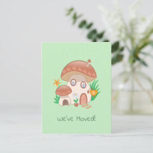 Whimsical Fairy Mushroom House We Moved Green Announcement Postcard