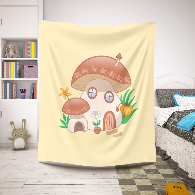 Whimsical Fairy Mushroom House Yellow Sherpa Blanket (Creator Uploaded)