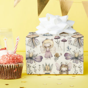 Whimsical Fairy & Mushroom Pastel Flower Garden Wrapping Paper