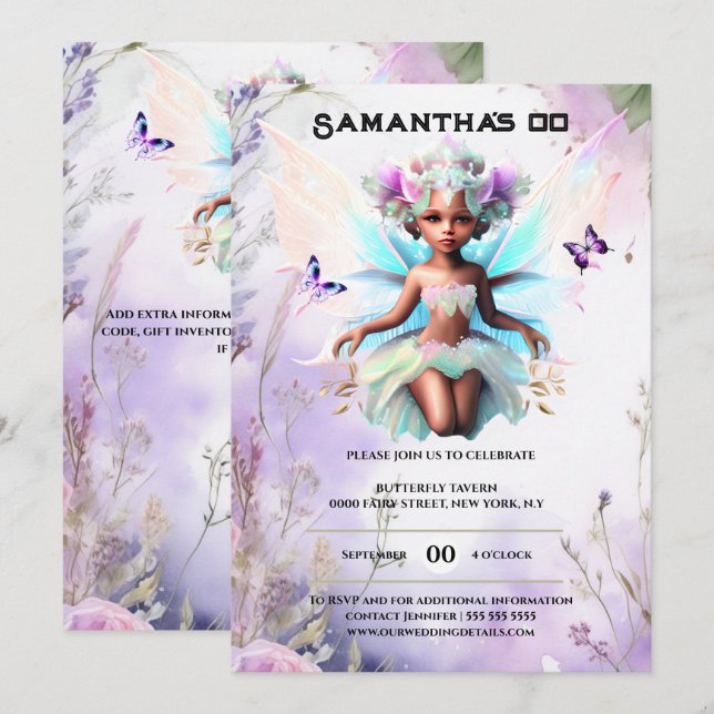 Whimsical fairy princess african american girls invitation (Front/Back)