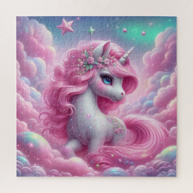 Whimsical fairy tale pink glitter and blue unicorn jigsaw puzzle (Vertical)