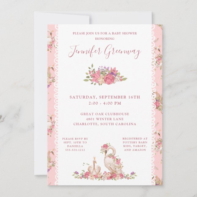 Whimsical Fairy Tale Swan Baby Girl Shower Invitation (Front)