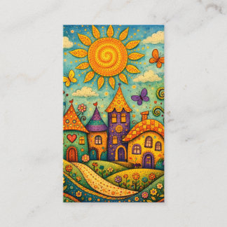 Whimsical Fairy Tale Village Colorful Canvas Art Business Card