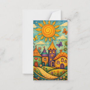 Whimsical Fairy Tale Village Colorful Canvas Art Card