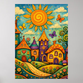 Whimsical Fairy Tale Village Colorful Canvas Art Poster