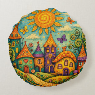 Whimsical Fairy Tale Village Colorful Canvas Art Round Cushion