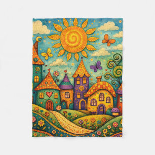 Whimsical Fairy Tale Village Colourful Canvas Art Fleece Blanket
