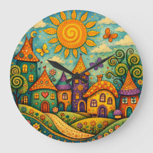 Whimsical Fairy Tale Village Colourful Canvas Art Large Clock