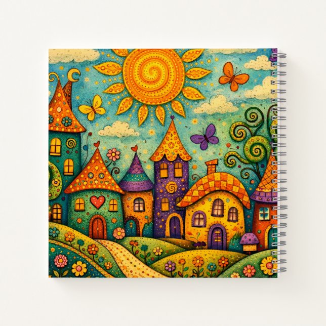 Whimsical Fairy Tale Village Colourful Canvas Art Notebook (Back)