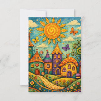 Whimsical Fairy Tale Village Colourful Canvas Art Thank You Card