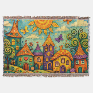 Whimsical Fairy Tale Village Colourful Canvas Art Throw Blanket