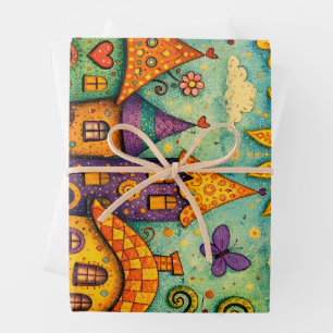 Whimsical Fairy Tale Village Colourful Canvas Art Wrapping Paper Sheet
