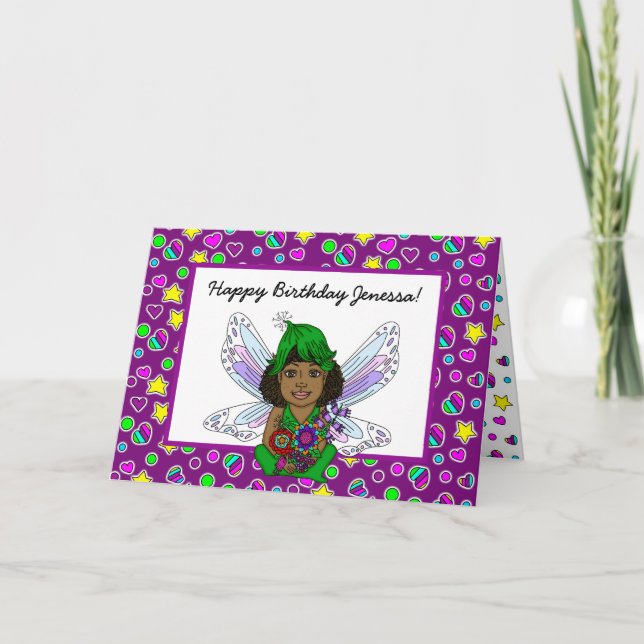 Whimsical Fairy with Flowers Happy Birthday Card (Front)