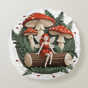 Whimsical Fairy with Mushrooms – Enchanted Forest Round Cushion