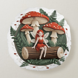 Whimsical Fairy with Mushrooms – Enchanted Forest Round Cushion