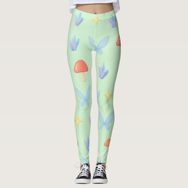 Whimsical Fairycore Pattern – Mushrooms, Crystals  Leggings (Front)
