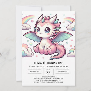 Whimsical Fairytale Dragon 1st birthday Invitation